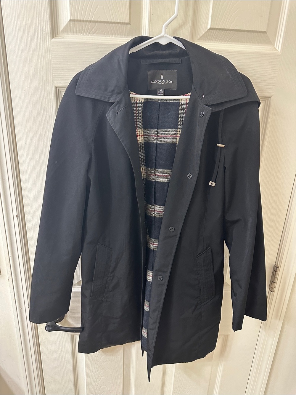 London Fog Hooded Rain Jacket Plaid Lined Black Womenโs M